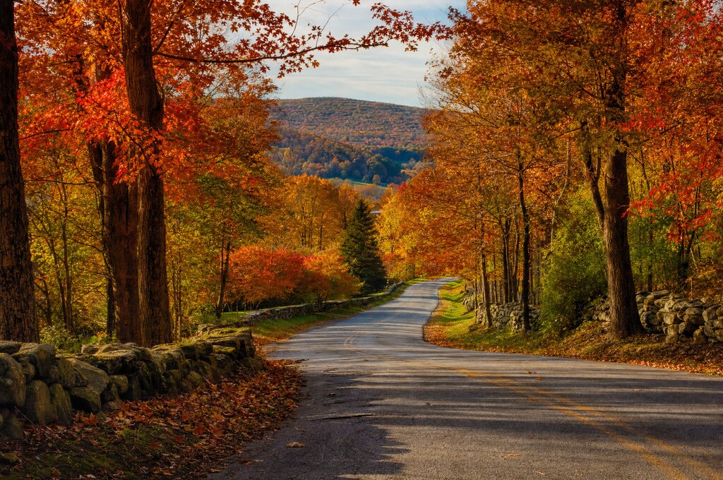 Scenic fall foliage drive through northern Westchester