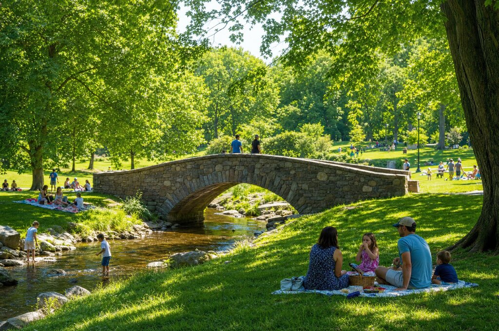 Tibbetts Brook Park with stone bridge and grassy fields