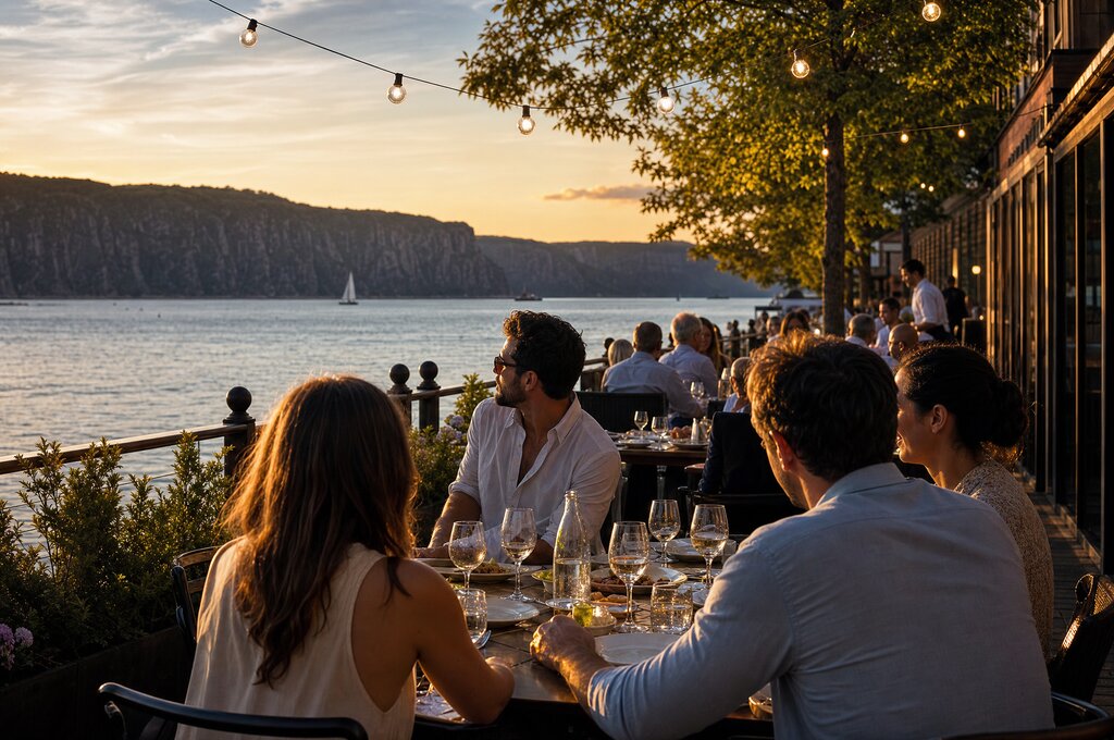 Waterfront restaurant patio along the Hudson River